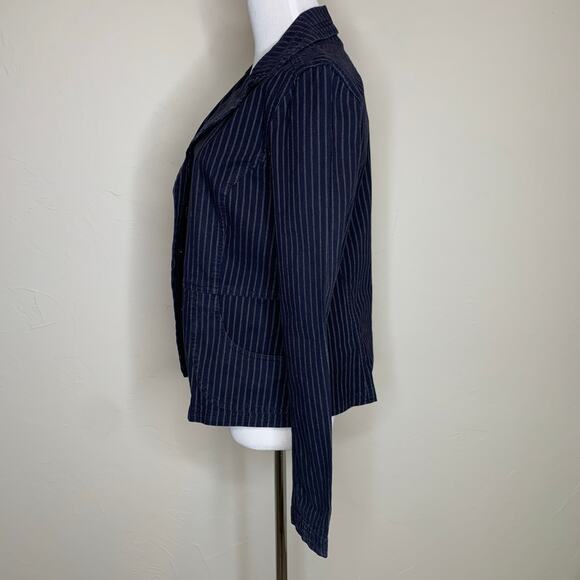 Navy Blue Cotton Casual Blazer Tan Stripes Sz Medium - Picture 3 of 8